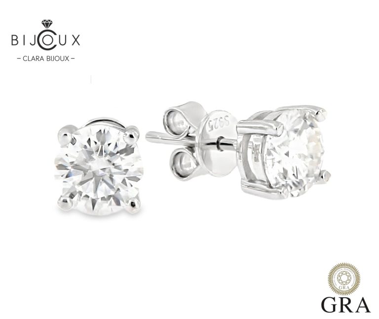 Сребърни обеци с мойсанити 2.0ct GRA сертификат – модел EAZ043-2 от Clara Bijoux, изработени от сребро 925 с класически четири зъба за захващане и луксозен блясък.