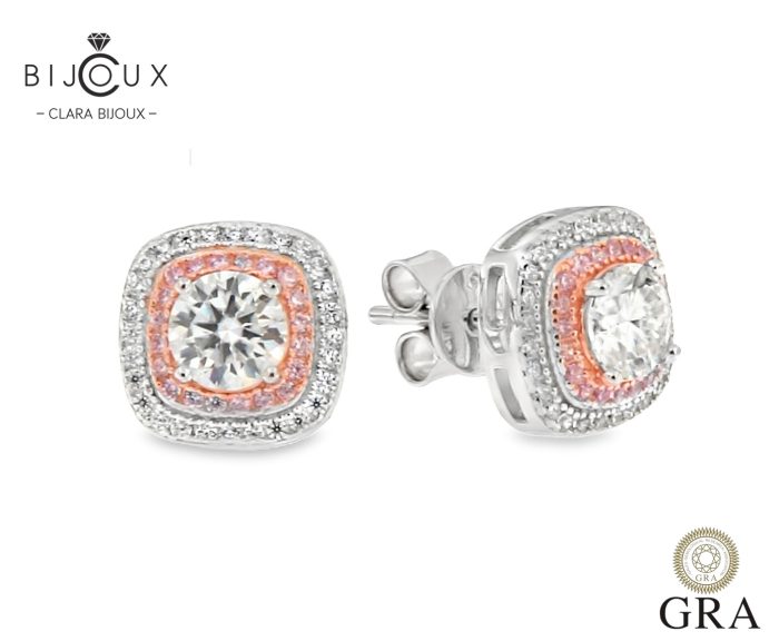 Сребърни обеци с мойсанити Clara Bijoux – розова и бяла позлатка, двоен хало дизайн, GRA сертификат