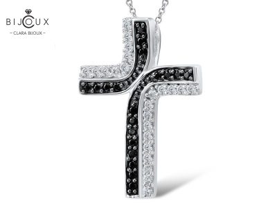 сребърен кръст с черен шпинел и бял циркон – Clara Bijoux