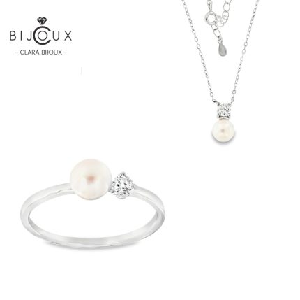 комплект сребърно колие и пръстен с перла и мойсанит Clara Bijoux