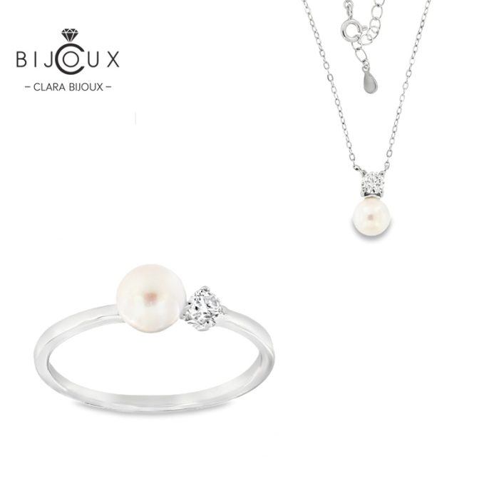 комплект сребърно колие и пръстен с перла и мойсанит Clara Bijoux