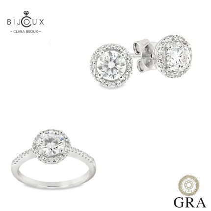 Сребърен комплект с пръстен и обеци Halo с мойсанит Clara Bijoux
