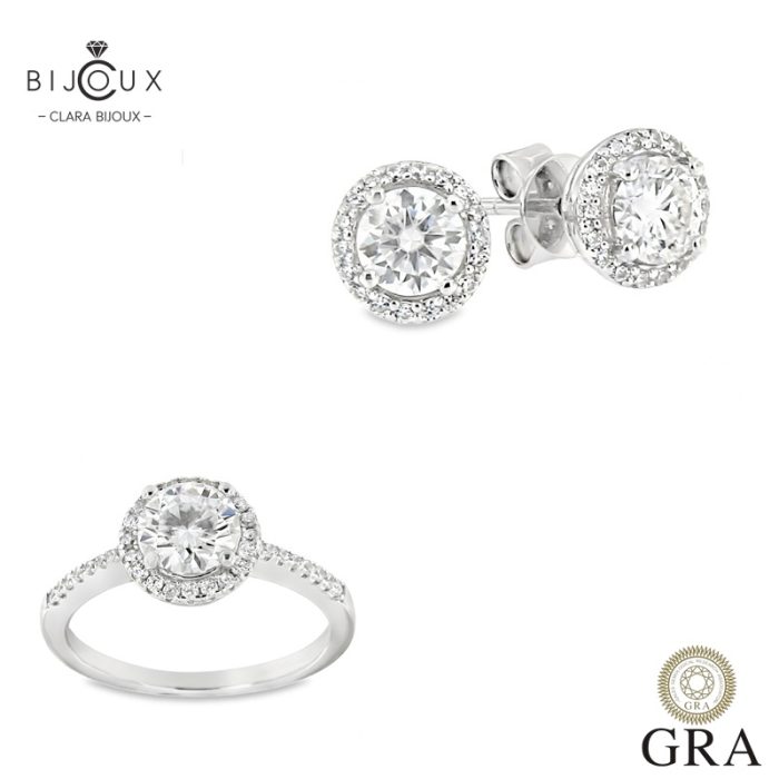 Сребърен комплект с пръстен и обеци Halo с мойсанит Clara Bijoux
