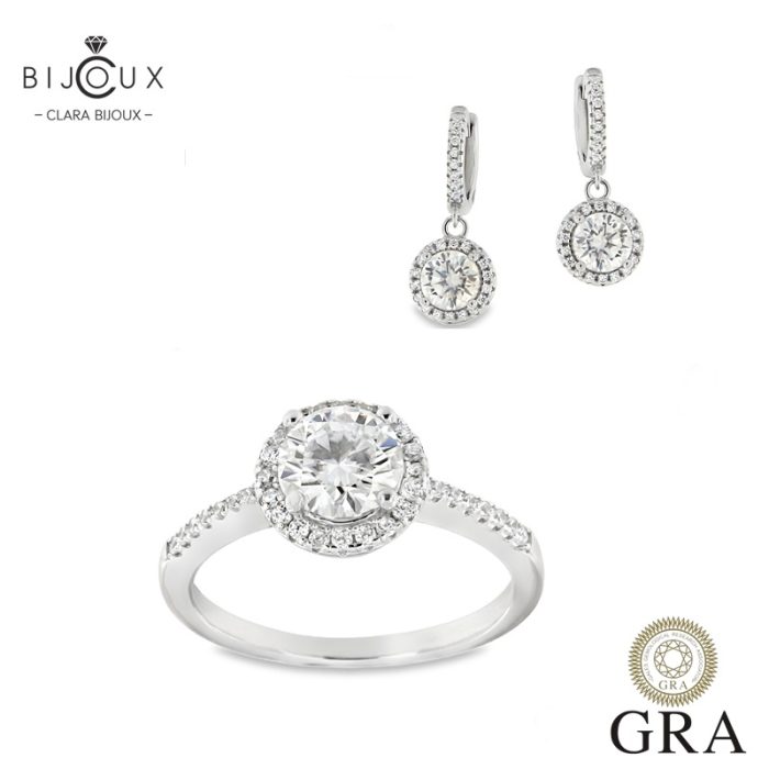 Сребърен комплект с висящи обеци и пръстен с мойсанити – Clara Bijoux