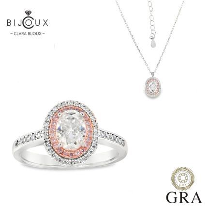 Сребърен комплект с овален мойсанит 2.0ct Clara Bijoux – пръстен и колие