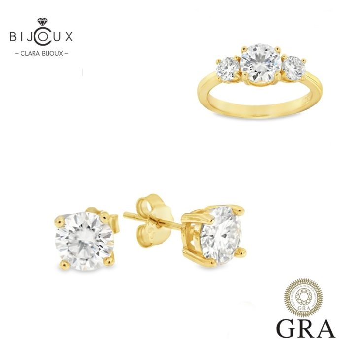 Позлатен комплект с мойсанити 3.6ct Clara Bijoux – пръстен и обеци