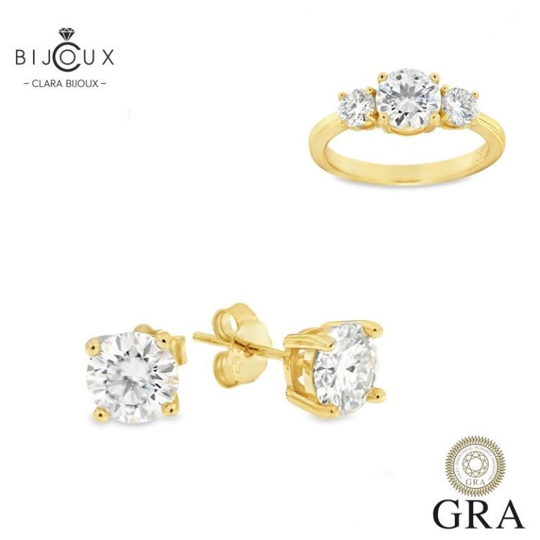 Позлатен комплект с мойсанити 3.6ct Clara Bijoux – пръстен и обеци