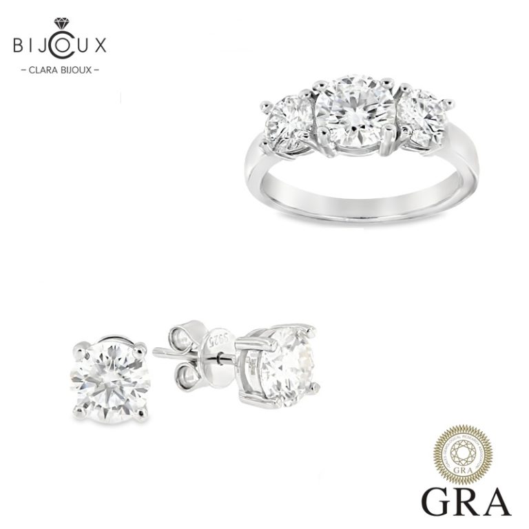 Комплект с мойсанити 4.0ct от Clara Bijoux – пръстен и обеци с GRA сертификат