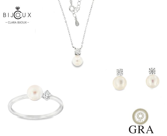 Комплект с перли и мойсанити 1.2ct Clara Bijoux – пръстен, обеци и колие