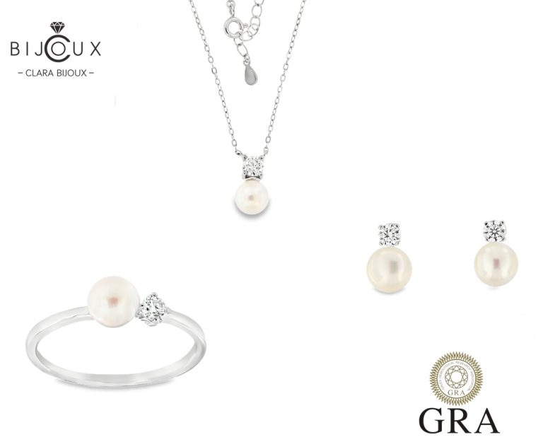 Комплект с перли и мойсанити 1.2ct Clara Bijoux – пръстен, обеци и колие