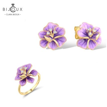 Комплект емайлирани сребърни обеци и пръстен с лилаво цвете Clara Bijoux