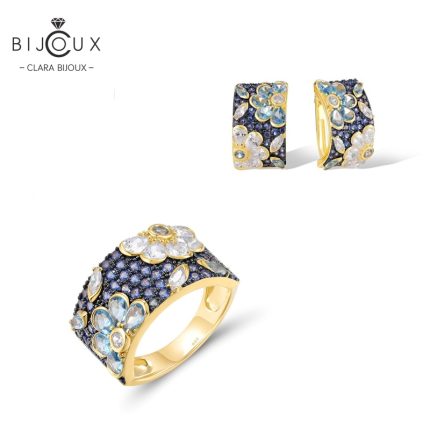 Комплект със син шпинел и бели циркони Clara Bijoux – златист пръстен и обеци