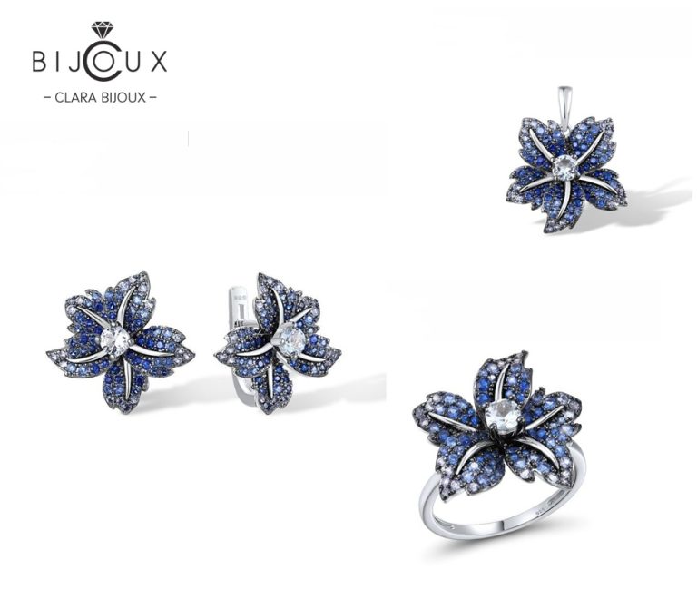 Комплект с цветя, син шпинел и циркони Clara Bijoux – пръстен, обеци и висулка от сребро