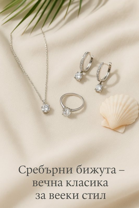 Сребърни бижута – комплект с колие, обеци и пръстен-вечна класика за всеки стил