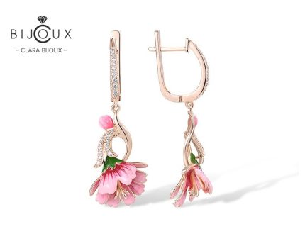 Емайлирани обеци Clara Bijoux с розова позлатка и бели циркони