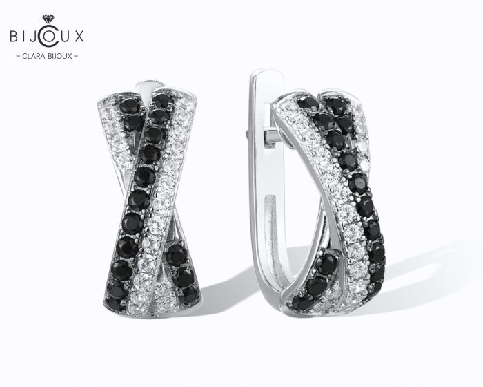 Сребърни обеци Clara Bijoux с черен шпинел и бели циркони – PE394