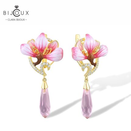 Емайлирани обеци Clara Bijoux с розов кристал и жълта позлатка
