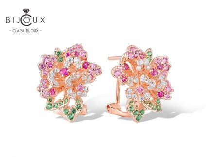 Сребърни обеци във формата на цветя с рубини и CZ камъни – Clara Bijoux