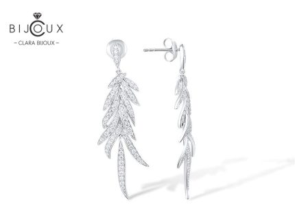 Висящи сребърни обеци Clara Bijoux „Листо“ с бели циркони – PE399