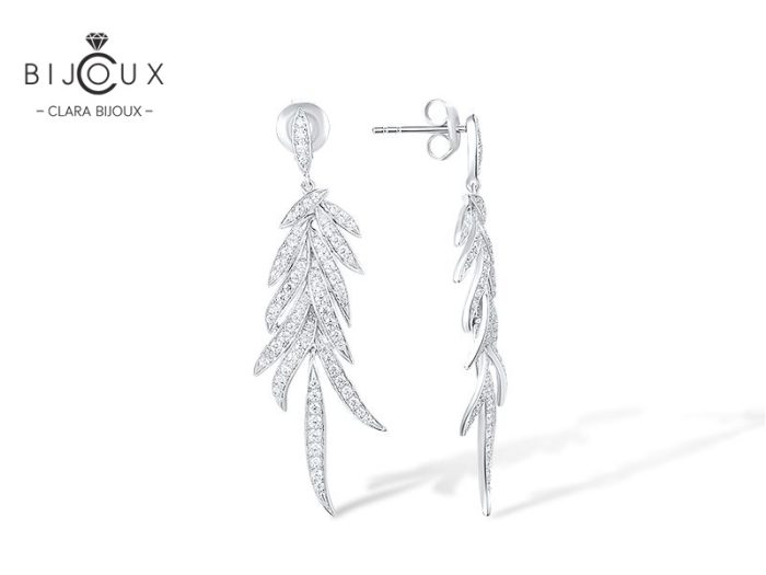 Висящи сребърни обеци Clara Bijoux „Листо“ с бели циркони – PE399