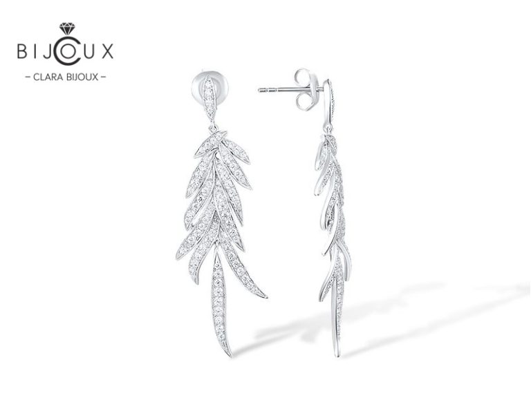 Висящи сребърни обеци Clara Bijoux „Листо“ с бели циркони – PE399