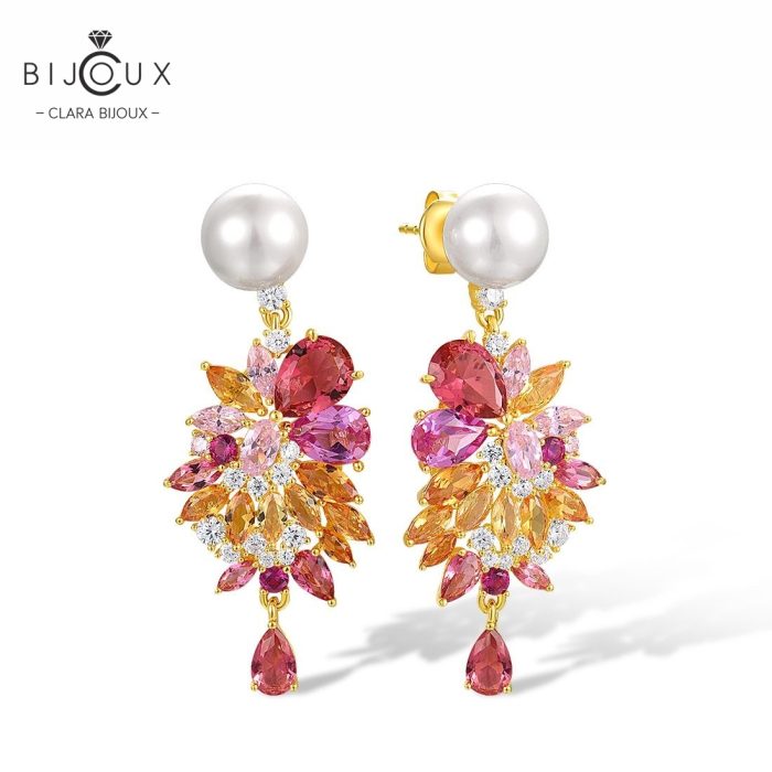 Артистични сребърни обеци Clara Bijoux с перли, сапфири и рубини