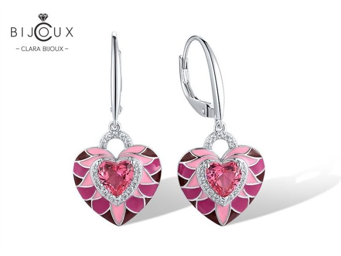 Емайлирани обеци Clara Bijoux „Сърце“ с розов кристал – PE403