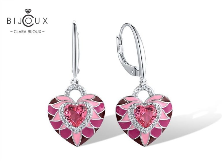 Емайлирани обеци Clara Bijoux „Сърце“ с розов кристал – PE403