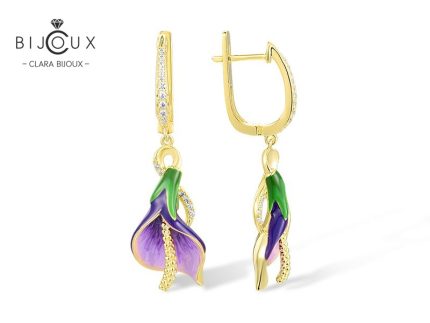 Луксозни сребърни обеци с емайлирано цвете и циркони – Clara Bijoux