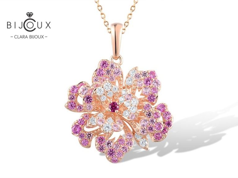 Сребърна висулка цвете с розова позлатка и сапфири Clara Bijoux – изглед отпред