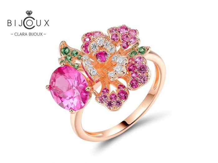 Елегантен пръстен с розова позлатка и цветен дизайн Clara Bijoux – изглед отстрани