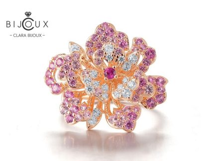 Сребърен пръстен цвете с розова позлатка и розови сапфири Clara Bijoux – изглед отпред