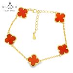 Луксозна сребърна гривна с червен ахат Clara Bijoux – жълта позлатка и детелинки