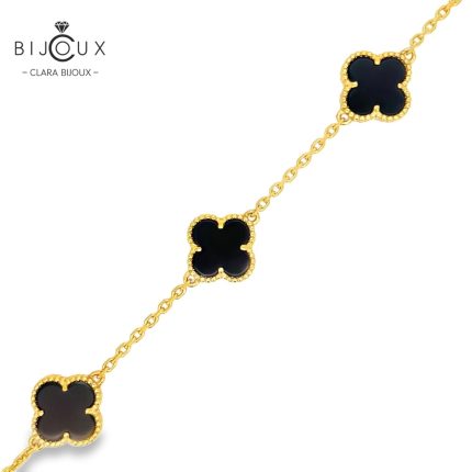 Луксозна сребърна гривна с черен ахат Clara Bijoux – жълта позлатка и четирилистни детелинки