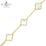 Луксозна сребърна гривна с бял седеф Clara Bijoux – жълта позлатка и четирилистни детелинки