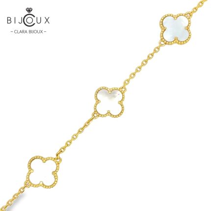 Луксозна сребърна гривна с бял седеф Clara Bijoux – жълта позлатка и четирилистни детелинки