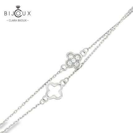 Изискана двойна сребърна гривна Clara Bijoux с бял CZ и четирилистни детелинки