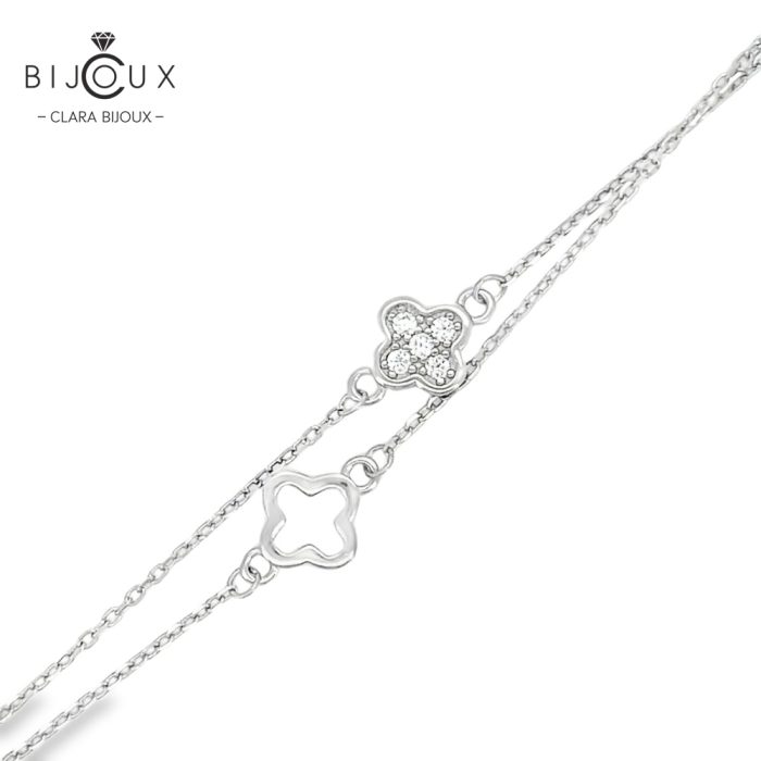 Изискана двойна сребърна гривна Clara Bijoux с бял CZ и четирилистни детелинки