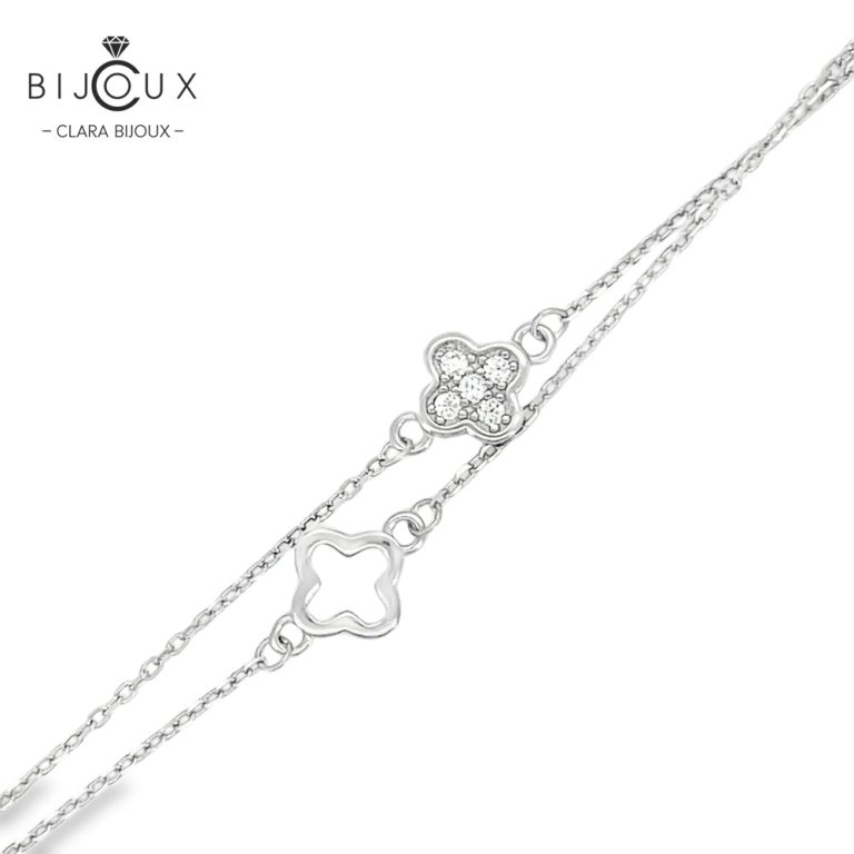 Изискана двойна сребърна гривна Clara Bijoux с бял CZ и четирилистни детелинки