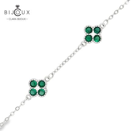 Фина сребърна гривна Clara Bijoux с детелинки и зелени CZ камъни