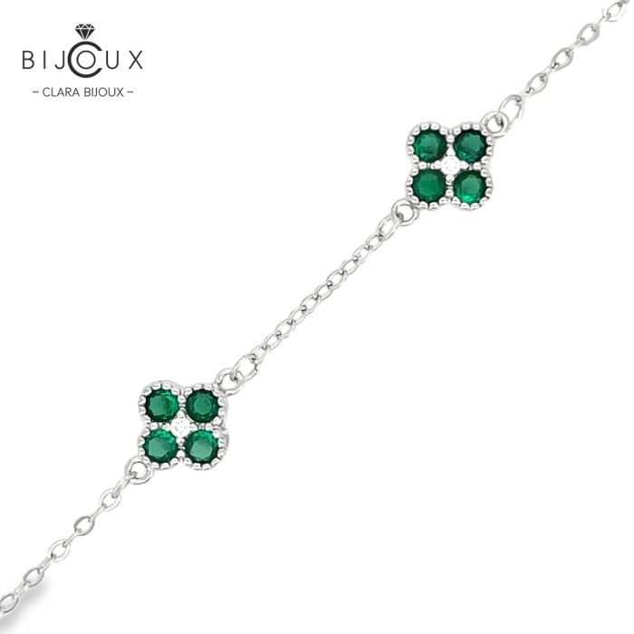 Фина сребърна гривна Clara Bijoux с детелинки и зелени CZ камъни