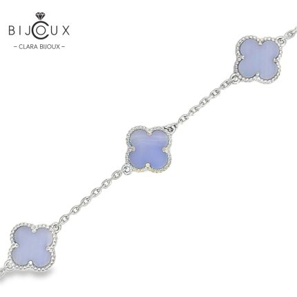 Стилна сребърна гривна Clara Bijoux с виолетов халцедон и четирилистни детелинки