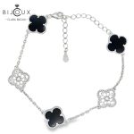 Сребърна гривна Clara Bijoux с четирилистни детелинки от черен ахат и бели камъни