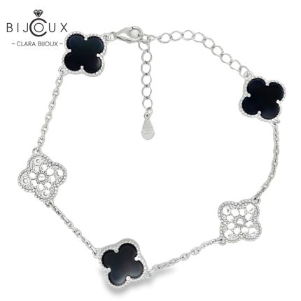 Сребърна гривна Clara Bijoux с четирилистни детелинки от черен ахат и бели камъни