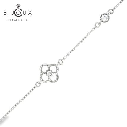 Сребърна гривна Clara Bijoux с детелинка от бял седеф и CZ камък
