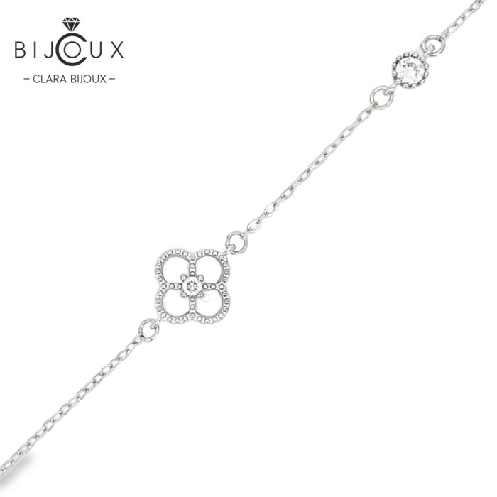 Сребърна гривна Clara Bijoux с детелинка от бял седеф и CZ камък