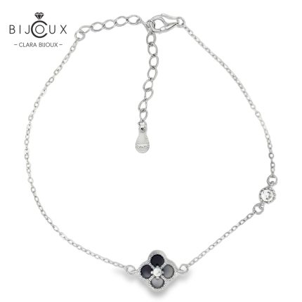 Сребърна гривна Clara Bijoux с детелинка от черен ахат и бял CZ камък