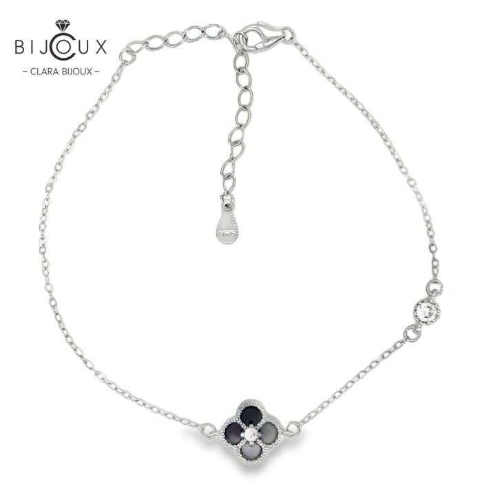 Сребърна гривна Clara Bijoux с детелинка от черен ахат и бял CZ камък