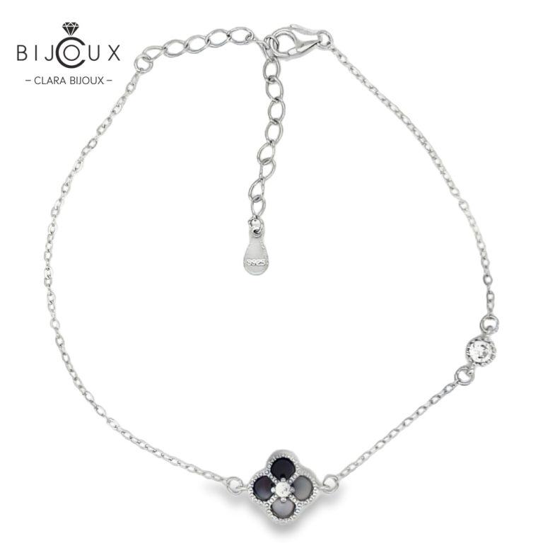 Сребърна гривна Clara Bijoux с детелинка от черен ахат и бял CZ камък