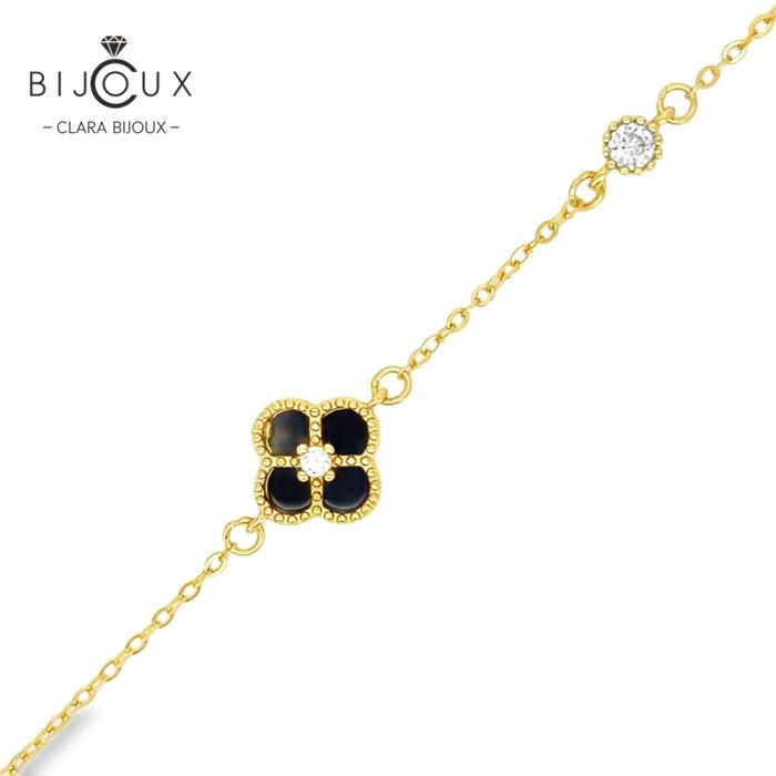 Позлатена сребърна гривна Clara Bijoux с детелинка от черен ахат и бял CZ